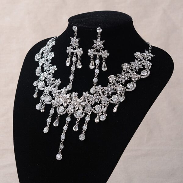 Wedding Jewelry Set Rhinestone Head Chain Crystal Choker Necklace Earrings Set 3
