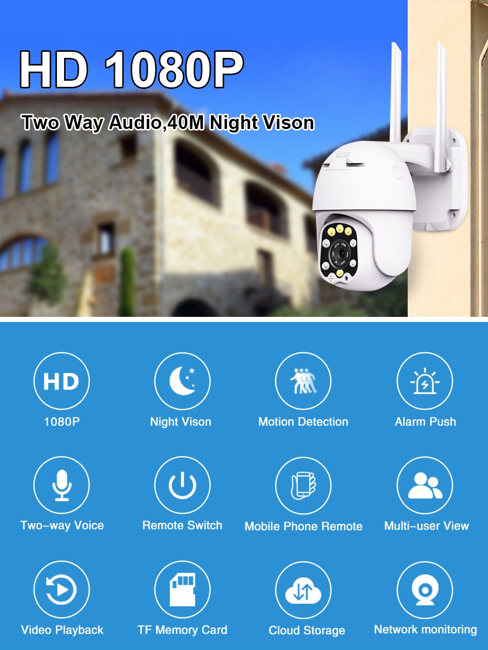 1080P PTZ IP Wifi Outdoor Dome Wireless Security Camera