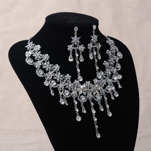 Wedding Jewelry Set Rhinestone Head Chain Crystal Choker Necklace Earrings Set 4