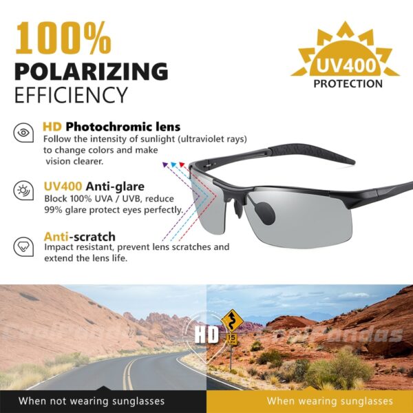 Aluminum Rimless Photochromic Sunglasses Men Polarized Driving Glasses Chameleon Anti-Glare 4