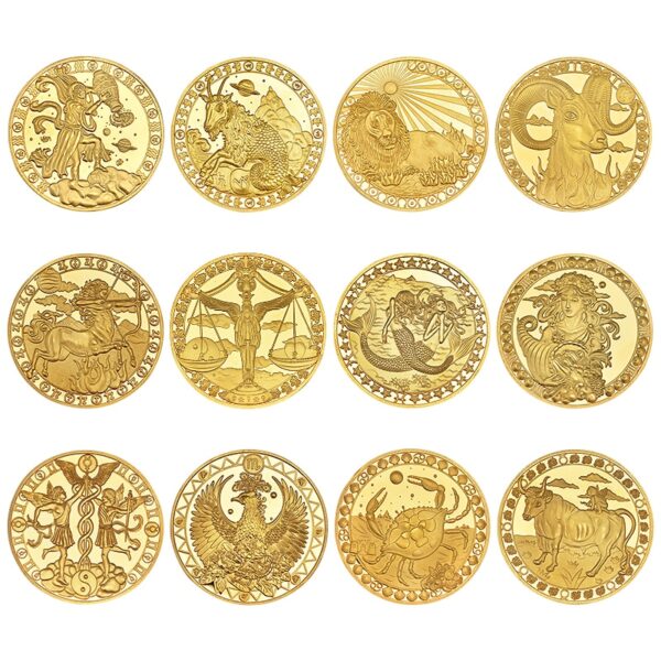 12 Constellations Zodiac Gold Plated Collectible Coins Original Coins Set Holder Challenge Coin 2