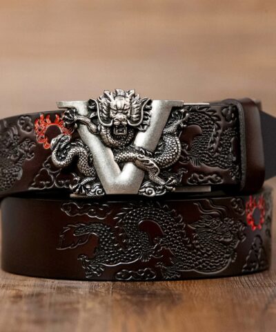 Genuine Leather Belt for Men Carving Dragon Pattern Automatic Buckle Belt