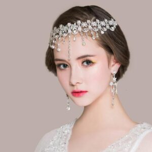 Wedding Jewelry Set Rhinestone Head Chain Crystal Choker Necklace Earrings Set 7
