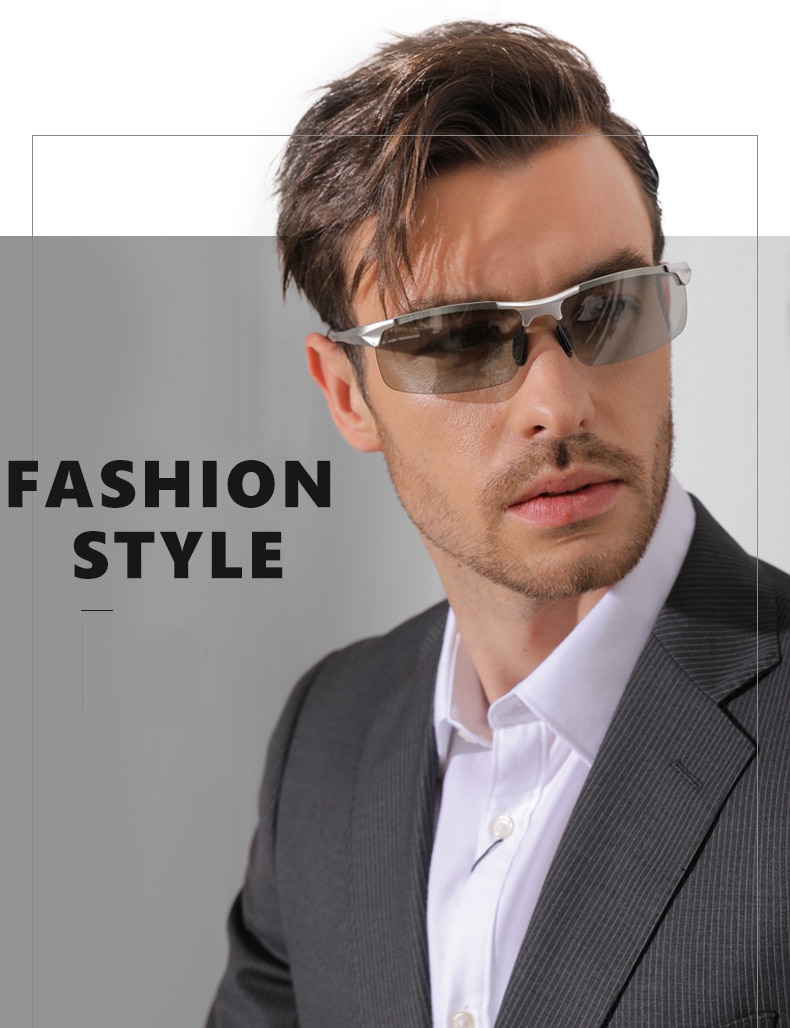 Aluminum Rimless Photochromic Sunglasses Men Polarized Driving Glasses Chameleon Anti-Glare