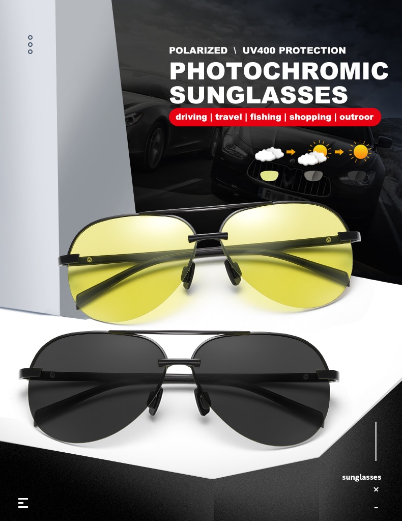 Photochromic Polarized Sunglasses Men Day Night Vision Driving Sunglasses