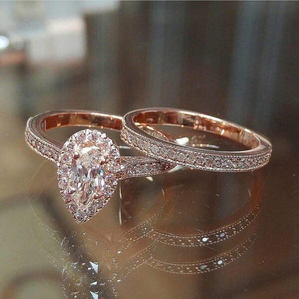 Rose Gold Color Pear Wedding Ring Set 3