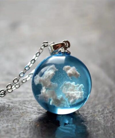 Glow In The Dark Resin Ball Bead Blue Sky and White Clouds Pendant Novel Design Necklace