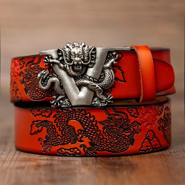 Genuine Leather Belt for Men Carving Dragon Pattern Automatic Buckle Belt 6