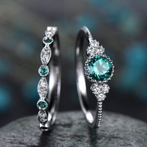 Blue Green Color Halo 925 Sterling Silver Wedding Ring Set 1