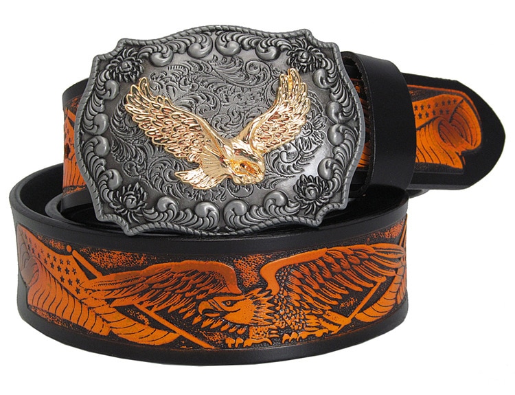 Fashion Men's Leather Belts Eagle Totem Copper Smooth Buckle Retro Belts