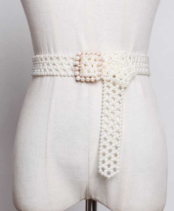 Pearls Hollow Out Square Buckle Long Wide Belt 10