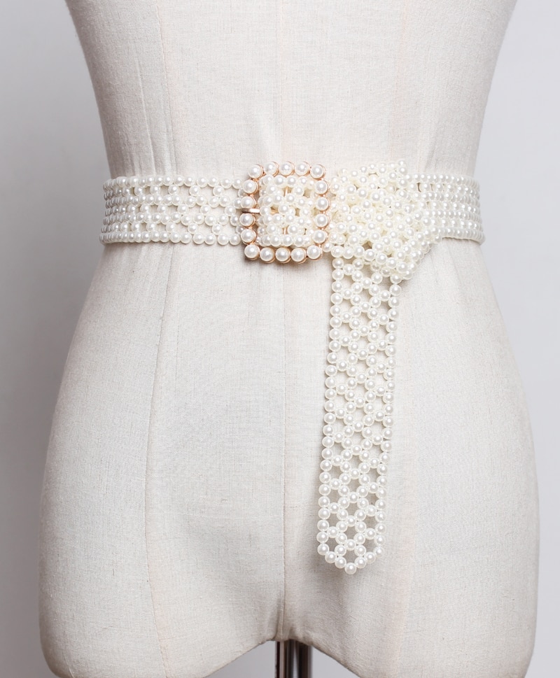Pearls Hollow Out Square Buckle Long Wide Belt