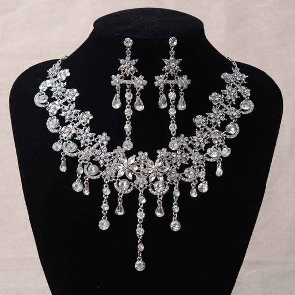 Wedding Jewelry Set Rhinestone Head Chain Crystal Choker Necklace Earrings Set 2