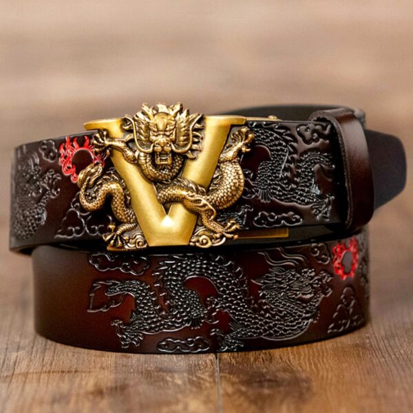 Genuine Leather Belt for Men Carving Dragon Pattern Automatic Buckle Belt 1