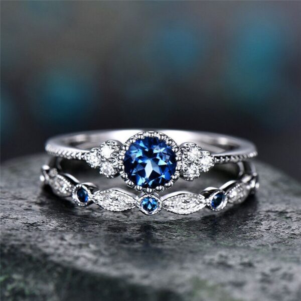 Blue Green Color Halo 925 Sterling Silver Wedding Ring Set 5
