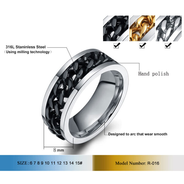 Black Chain Rings for Men Punk Titanium Steel Metal Finger Jewelry 5