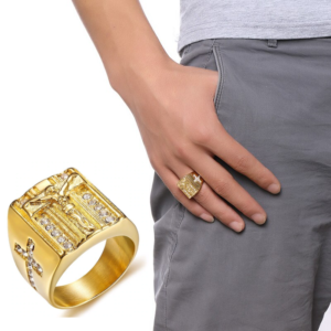 Jesus Christ Cross Chunky Rings Stainless Steel Crystals Jewelry Gold Color