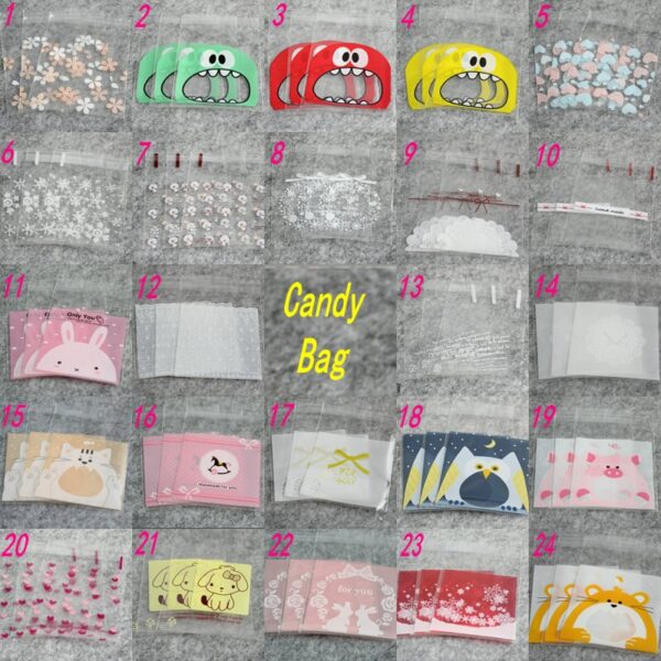 100Pcs Cookie Candy Bags Cute Cartoon Self-adhesive Plastic Packing Bags 2