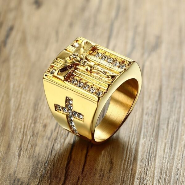 Jesus Christ Cross Chunky Rings Stainless Steel Crystals Jewelry Gold Color 3