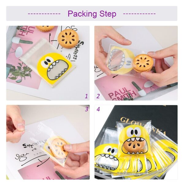 100Pcs Cookie Candy Bags Cute Cartoon Self-adhesive Plastic Packing Bags 5