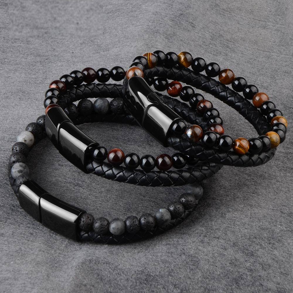Genuine Leather Braided Bracelet Black Stainless Steel Magnetic Clasp Tiger Eye Beads