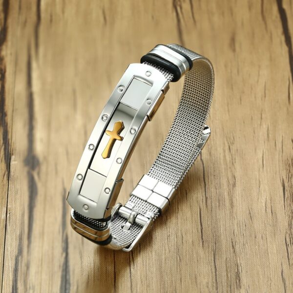Men's Cross Cuff Bracelet Stainless Steel Adjustable Size 1