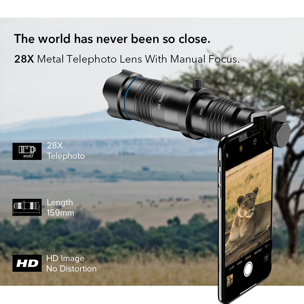 Optic Phone Camera Lens HD 28X Metal Telescope Lens Monocular with Mini Selfie Tripod