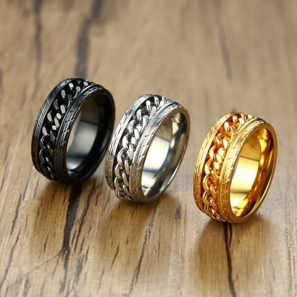 Cool Black Spinner Rings for Men Tire Texture Stainless Steel Rotatable Links 3