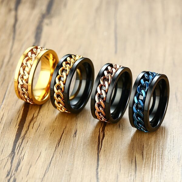 Black Chain Rings for Men Punk Titanium Steel Metal Finger Jewelry 4