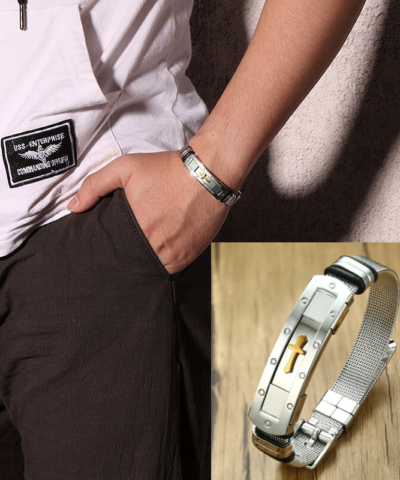 Men’s Cross Cuff Bracelet Stainless Steel Adjustable Size