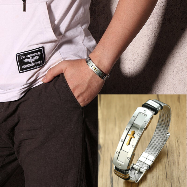 Men's Cross Cuff Bracelet Stainless Steel Adjustable Size