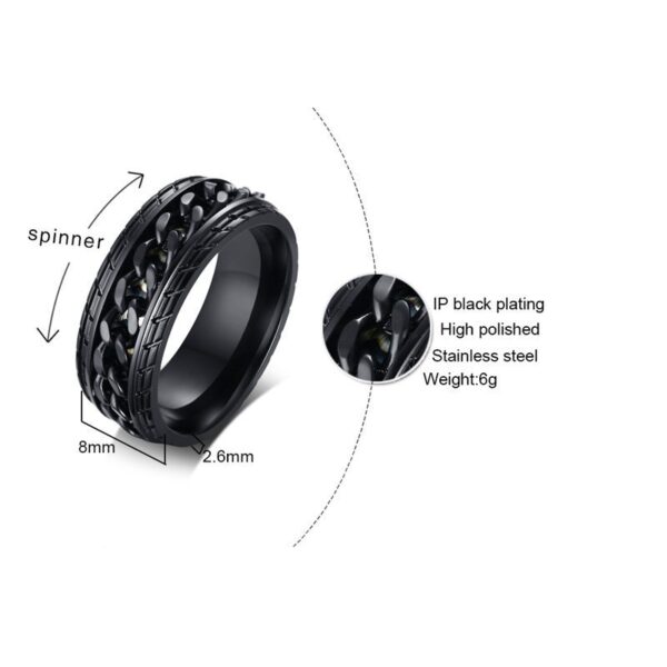 Cool Black Spinner Rings for Men Tire Texture Stainless Steel Rotatable Links 5