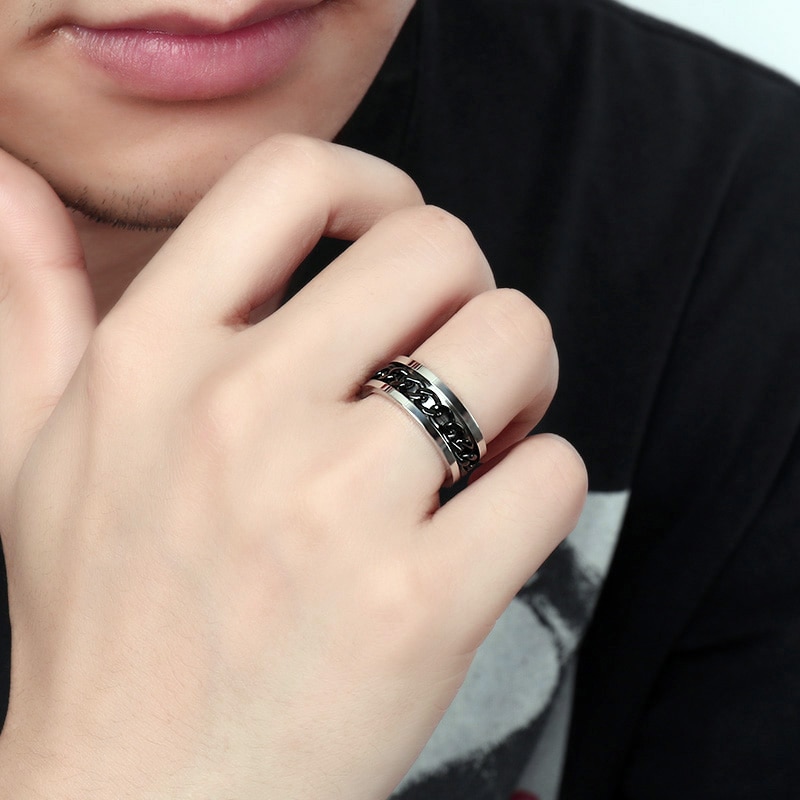 Black Chain Rings for Men Punk Titanium Steel Metal Finger Jewelry