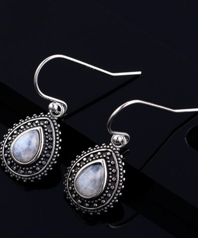 925 Sterling Silver Earrings Pear Shaped Natural Moonstone Earrings Bohemian Style