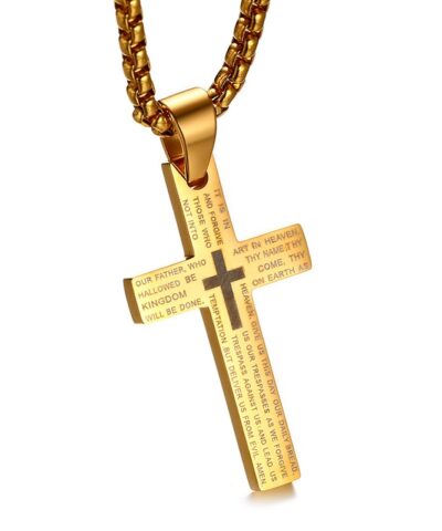 Cross Pendant Necklace Engraved Bible Prayer Stainless Steel
