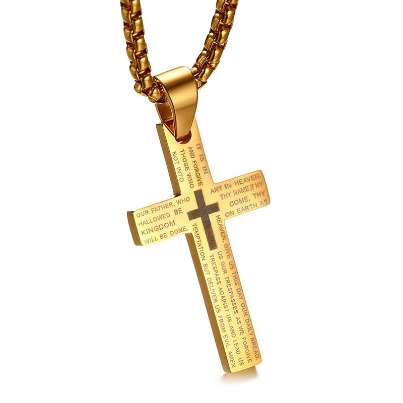 Cross Pendant Necklace Engraved Bible Prayer Stainless Steel