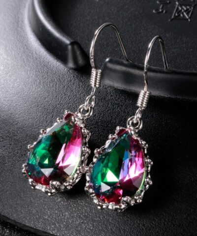 Rainbow Topaz Gemstone Women’s Water Drop Silver Earrings