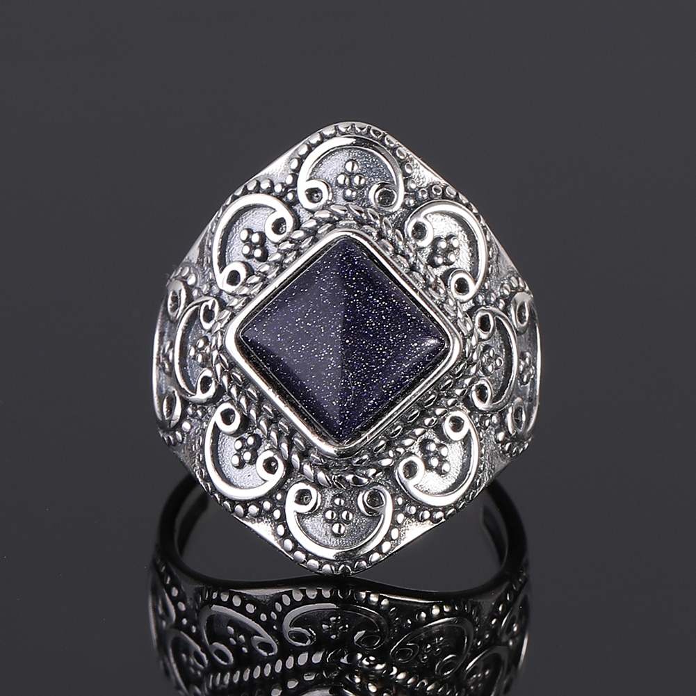 S925 Sterling Silver Rings Blue Sandstone Gemstone Rings