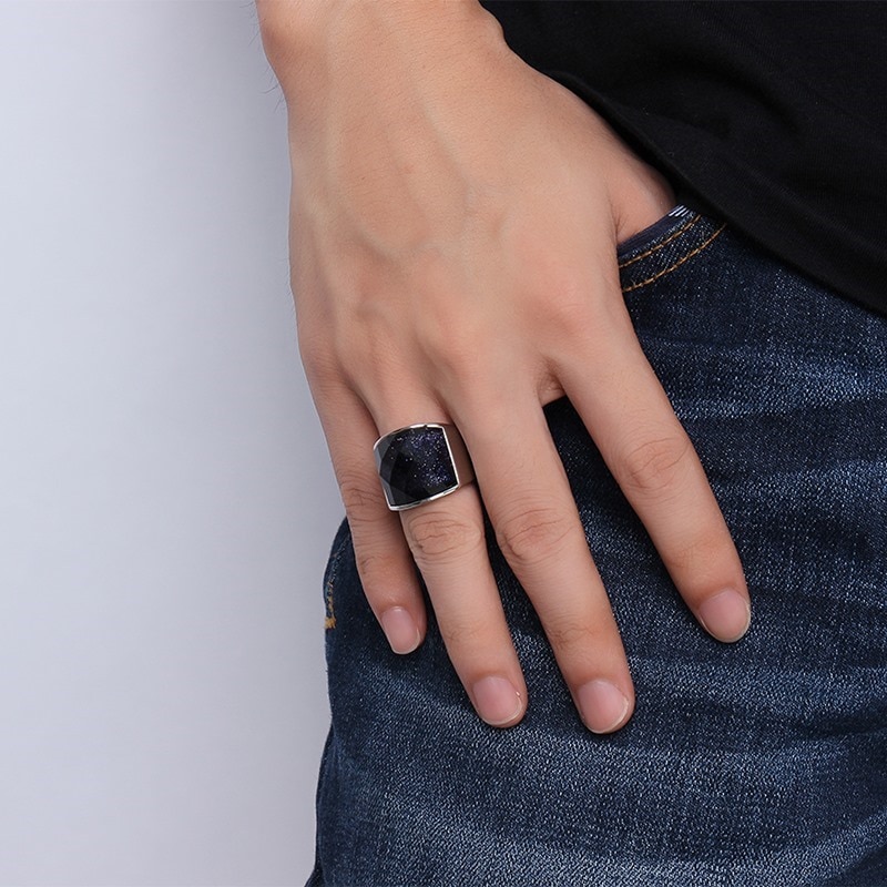 Men Stainless Steel Blue Sky Stone Cut Ring Large Charming Band
