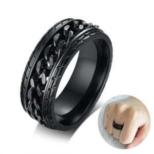 Cool Black Spinner Rings for Men Tire Texture Stainless Steel Rotatable Links