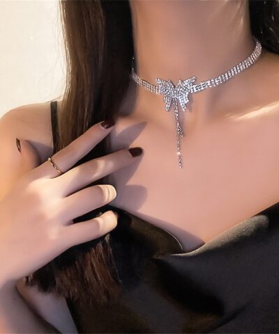 Butterfly Crystal Choker Long Tassel Rhinestone Necklace