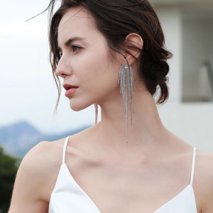 Silver Color Long Tassel Drop Earrings Crystal Rhinestone Bridal Earrings