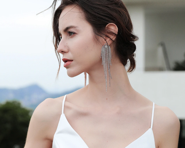 Silver Color Long Tassel Drop Earrings Crystal Rhinestone Bridal Earrings