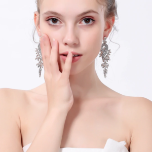 Luxury Leaves Long Drop Earrings Crystal Dangle Wedding Earrings