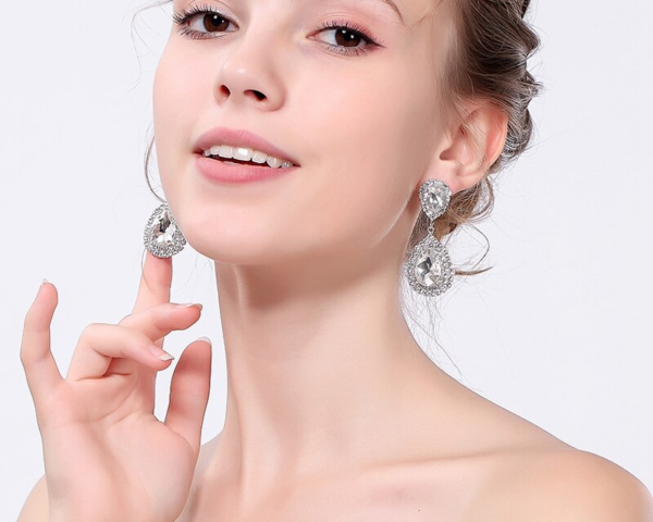 Big Crystal Bridal Wedding Drop Earrings Silver Color