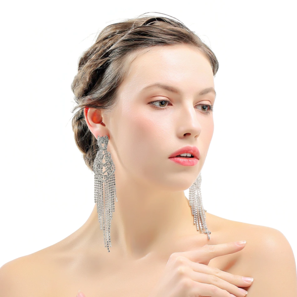 Silver Color Rhinestone Long Tassel Earrings Super Big Bridal Drop Earrings 2