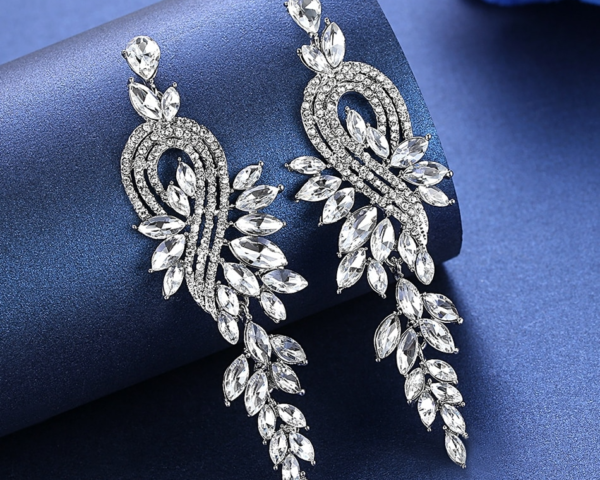 Luxury Leaves Long Drop Earrings Crystal Dangle Wedding Earrings 1