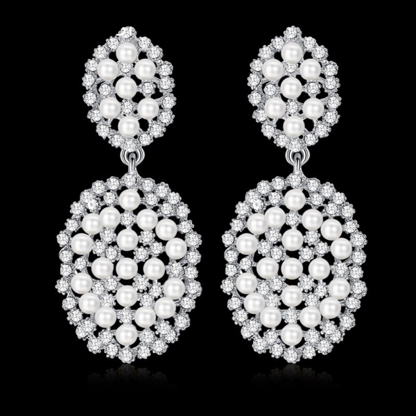 Simulated Pearl Bridal Wedding Drop Earrings Crystal Dangle Earrings 2
