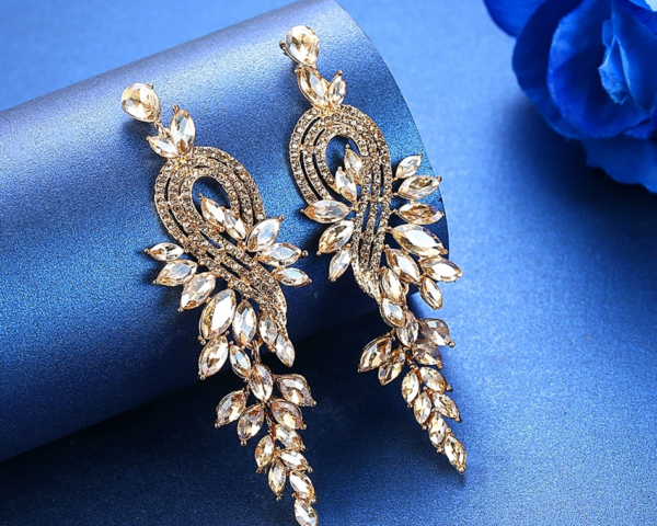 Luxury Leaves Long Drop Earrings Crystal Dangle Wedding Earrings 5