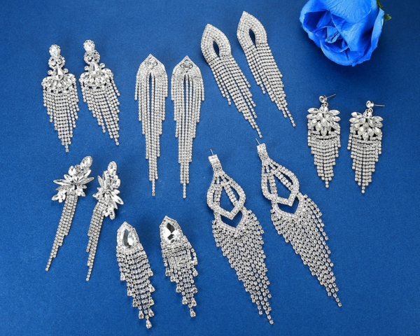 Silver Color Long Tassel Drop Earrings Crystal Rhinestone Bridal Earrings 1